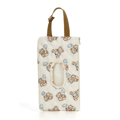 Quilted Baby Wipe Holder Quilted Wipe Pouch Portable Hanging Floral Wet Wipes Bag for Car, Stroller (Bear 2)