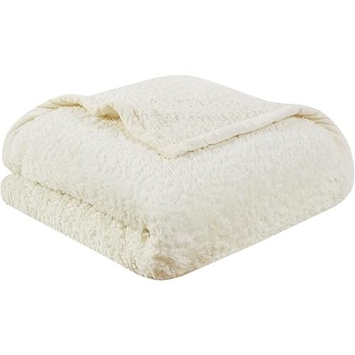 Woolrich Burlington Berber Blanket Super Soft, Cozy Lightweight Cover with Luxurious Velvet Binding, Modern Trendy All Season Bedspread Bedding-Set, Full/Queen: 90x90, Ivory