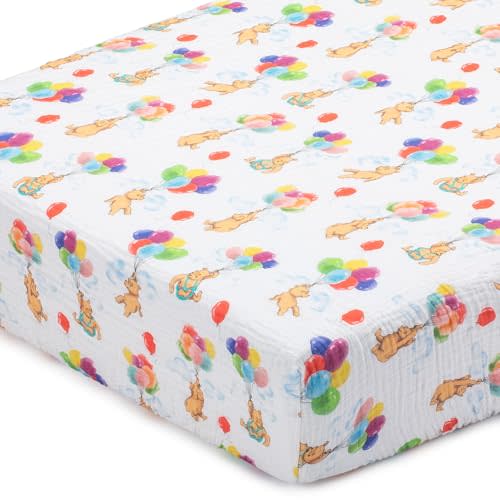 LollyBanks Muslin Crib Sheet, 100% Cotton Fitted Crib Sheets for Babies | Lightweight airy weave, snug elastic border for quick changes on 52 x 28 in standard mattresses (Bear Balloon)