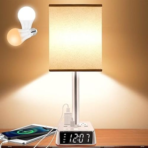 Yostyle Table Lamp Bedside Lamp with 4 USB Ports and AC Power Outlets, Alarm Clock Base w/ 5Ft Extension Cord, Square Oatmeal Fabric Lampshade Modern Accent Nightstand Lamps for Bedrooms Living Room