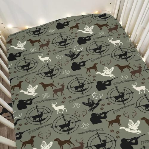 Hunting Deer Hunting Duck Baby Crib Sheets for Boy Girl 52x28Inch Dog Hunter Hunting Animals Soft Snug Fitted Crib Mattress Cover Elk Duck Hunter Baby Sheet for Standard Crib & Toddler Mattress Pad
