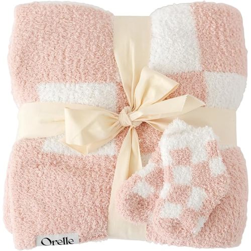 Orelle Checkered Baby Blanket & Matching Socks Set | Plush Baby Blanket | Luxury Ultra-Soft & Cozy Receiving Blanket | Newborn Gift & Registry Must-Have | 30x40” | Pink