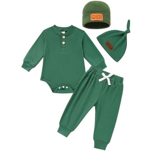 Newborn Baby Boy Girl Clothes Set Ribbed Outfits Solid Long Sleeve Tops Pants Romper Winter Fall Toddler 0-12 Months