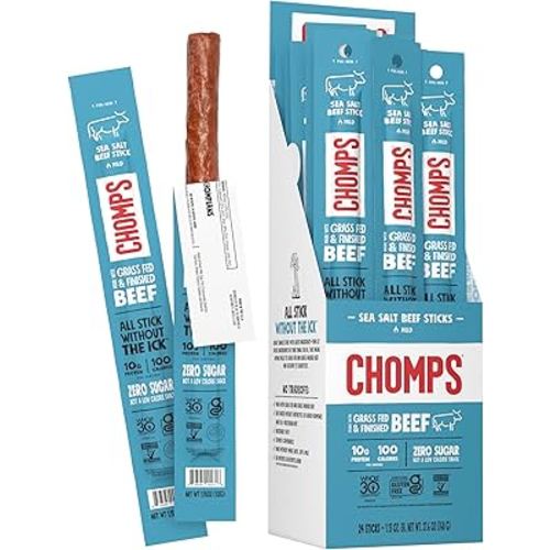 CHOMPS Grass Fed Sea Salt Beef Jerky Snack Sticks, Keto, Whole30, Paleo, Gluten Free, Sugar Free, Low Carb, AIP Diet Compliant, 1.15 Oz, Pack of 24