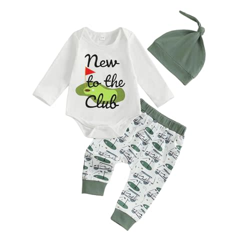 Ysfanwuxi Newborn Baby Boy Golf Outfit New to the Club Baby Onesie Golf Romper Pants Set Hat Infant Coming Home Fall Clothes