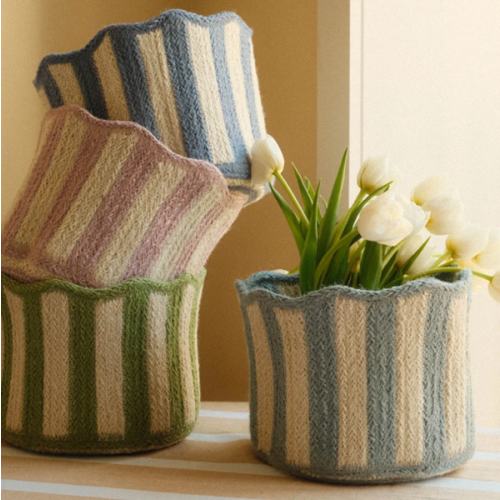 Scalloped Braided Striped Jute Basket - Four Colours Available
