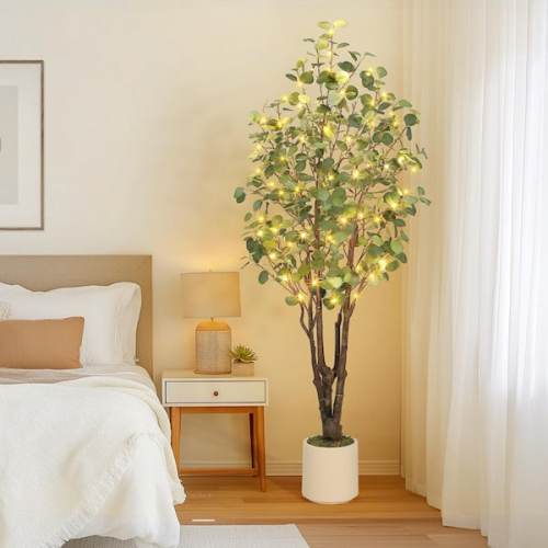 6 ft. Artificial Eucalyptus Tree In Pot, Tall Large Faux Floor Plant Fake Silk Trees with 50 Lights Artificial Trees