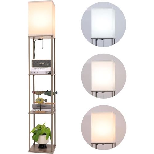 Gupuzm Floor Lamp with Shelves, Modern Square Standing Lamp with 3 Color Temperature Bulb, Corner Display Bookshelf Lamp for Living Room, Bedroom and Office （Grey）