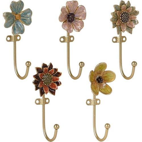 SOFFEE DESIGN Set of 5 Floral Wall Hooks, French Garden Eye-catching Entryway Decor for Coats Hats, Colorful Spring Home Decoration Gift