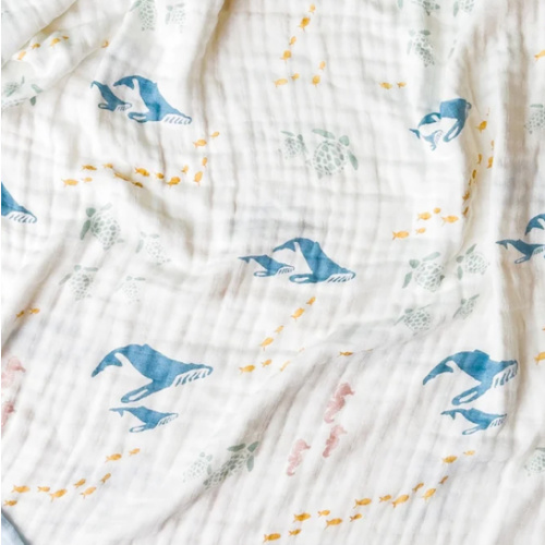 Sea Animals – Blue Trim | 6-Layer Organic Bamboo Muslin Baby Blanket – Coca + B.