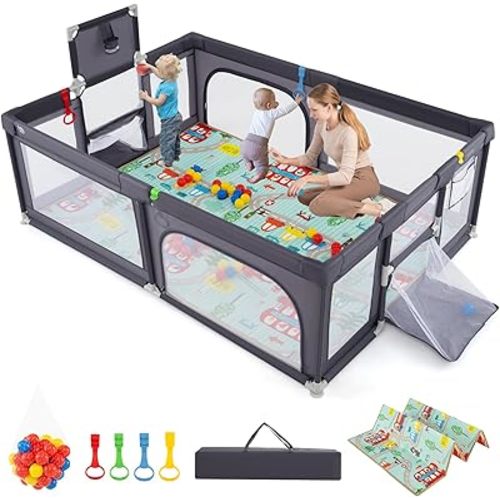 Costzon Large Baby Playpen with Mat, 81'' x 57'' Playpen for Babies and Toddlers w/Basketball Hoop & Soccer Nets, Pull Rings & Ocean Balls, Zippered Gates, Portable Indoor Safety Sturdy Play Yard