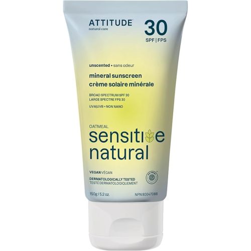 ATTITUDE Mineral Sunscreen for Sensitive Skin, EWG Verified, Broad Spectrum UVA/UVB, Dermatologically Tested, Plant and Mineral-Based Formula, Vegan, SPF 30, Unscented, 5.2 Oz
