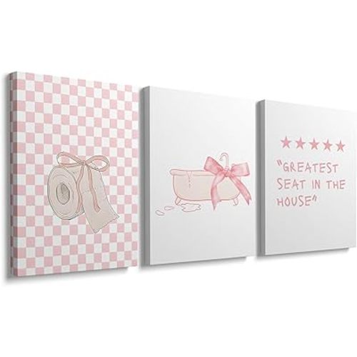 Framed Coquette Pink Bow Canvas Art Prints Paintings Trendy Bathroom Wall Art Decor Aesthetic Set of 3 Preppy Girly Posters Pictures for Girls Bathroom Washroom Restroom 12x16 inch with Wood Frame