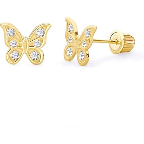 14k REAL Yellow Gold Butterfly Stud Earrings with Screw Back