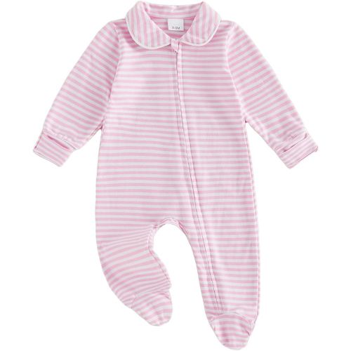 Seyurigaoka Newborn Baby Boy Girl Clothes Striped Footed Romper Peter Pan Collar Zipper Jumpsuit Going Home Outfit