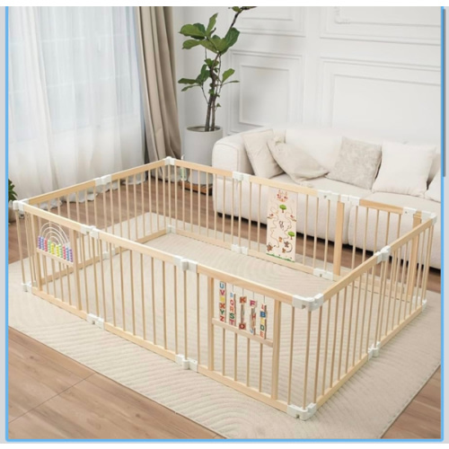 Foldable Wooden Baby Playpen Activity Center,Adjustable Size & Shape Portable Play Yard, Baby Fence Play Area with Gate for Indoor Use for Babies and Toddlers(82x55x24inches)