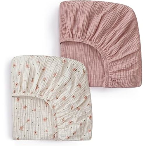 Blissful Diary Muslin Crib Sheets for Girl Boy, Boho Neutral Soft Cotton Baby Sheet for 52''x28'' Standard Crib Mattress, 2 Pack(Pink Floral&Light Pink)