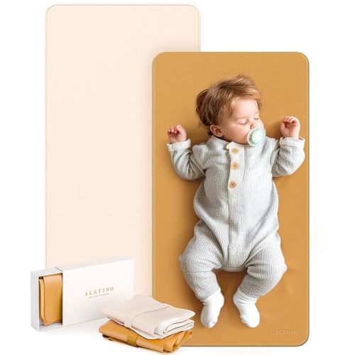 Vegan Leather Portable Changing Pad 2 Pack – Large 30"x17" Waterproof Travel Diaper Mat, Wipe-Clean & Foldable Changing Mat for Babies & Toddlers, Perfect Newborn Baby Shower Gifts (Beige&Brown)