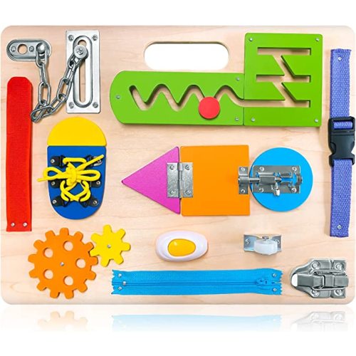 Montessori Busy Board for Toddlers, Wooden Sensory Toys, Preschool Learning Activities for Fine Motor Skills Travel Toy, Basic Life Skills Educational Gifts for 1 2 3 Years Old Kids Boys Girls