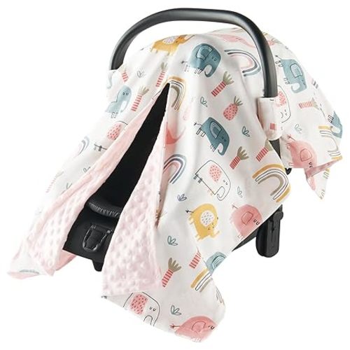 Baby Car Seat Cover - Ultra Soft Minky Carseat Covers Baby with Snap Peekaboo Opening, Multi-Use Stroller Cover, Nursing Cover & Plush Infant Blanket for Boys Girls (Beige)