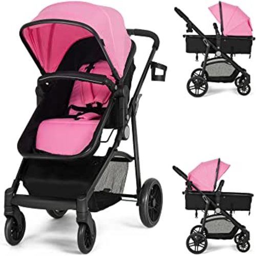HONEY JOY Baby Stroller, High Landscape Convertible Infant Bassinet Stroller, Adjustable Canopy & Backrest, Storage Basket, Cup Holder, Foldable Newborn Carriage Pram Stroller (Pink)