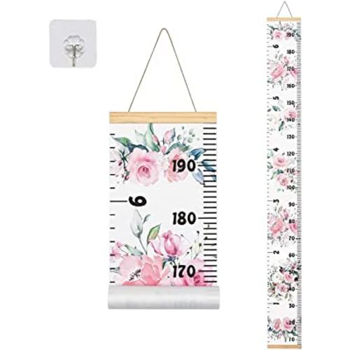 Canvas Kids Growth Chart for Wall, Floral Height Measurement Tracker for Baby Girl, Hanging Ruler with Removable Hook, Nursery Room Playroom Toddler Bedroom Decor, 79”x7.9” Pink
