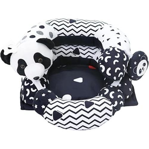 Aila+Aiden 2-in-1 Tummy Time Mat and Seated Support with Two Toys – for Newborns and Babies – Includes Detachable Cushion for Supervised Play & Head/Neck Development (Black/White)