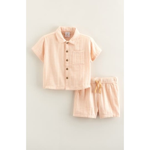 Stripe Short Sleeve Cotton Button-Up Shirt & Shorts Set, 3M