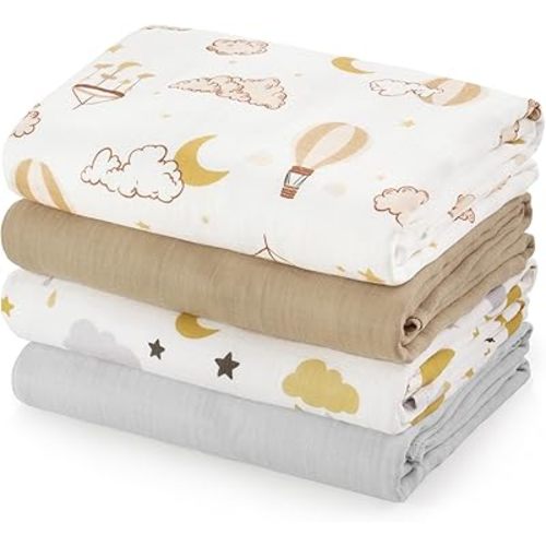 PHF Muslin Swaddle Blankets for Newborn, 4 Pack Soft Breathable Receiving Blankets, Large 47 x 47 Inches, Skin-Friendly Muslin Baby Swaddles, Baby Essentials & Shower Gifts (Cloud & Air Balloon)