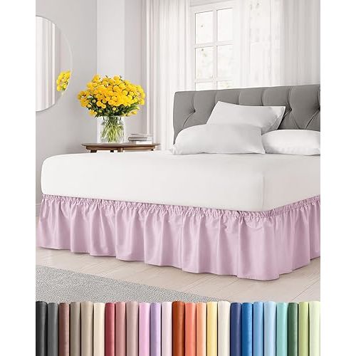 Wrap Around Dust Ruffle Bed Skirt - Light Pink - for Queen Size Beds with 24 Inch Drop - Elastic Strap - Adjustable Pleated Bedskirt with Brushed Fabric and Wrinkle Free - For Women, Men, Kids & Teens