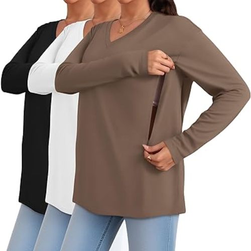 3 Pack Women's Oversize Nursing Shirts for Breastfeeding with Hidden Zippers Loose Fit Long Sleeve Maternity Tops