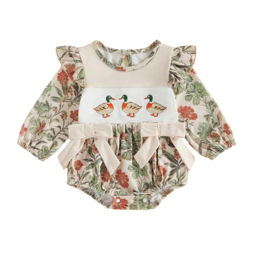 Baby Girl Outfit Fall Winter Duck Hunting Flower Camo Smocked Bubble Romper | Long Sleeve, Camo/retro flower print, Mallard duck embroidery, Cute bow, Hunting themed Clothes for girls 0-18 months