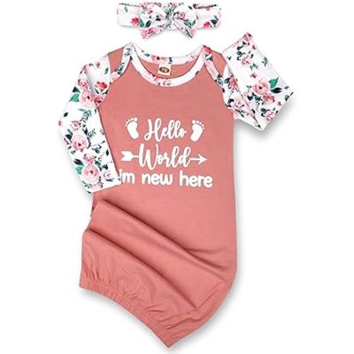 Newborn Baby Girl Gown 0-6 Months, Super Soft Newborn Sleepers Gown, Long Sleeve Infant Nightgown for Girls, Baby Girl Outfit Essential with Headband Set Pink
