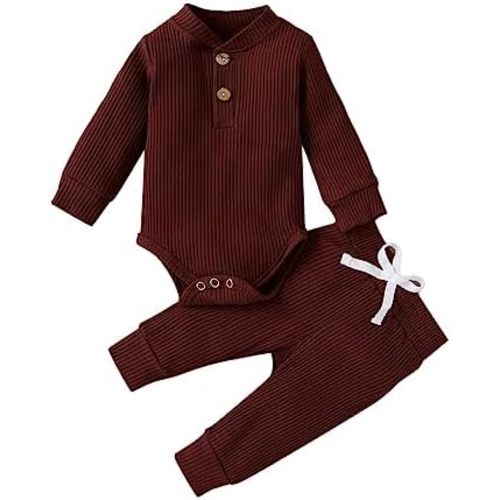 Newborn Unisex Baby Clothes Set Long Sleeve Bodysuit Stretchy Pants Ribbed Outfits Fall Winter 2Pcs