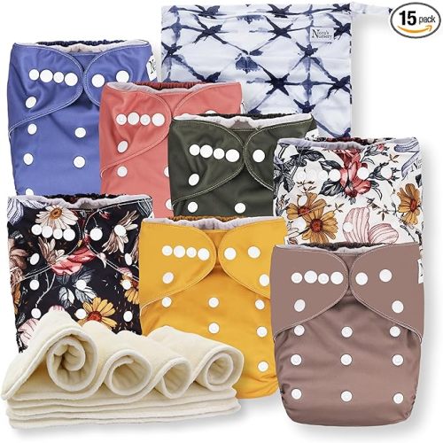 Nora's Nursery Cloth Diapers 7 Pack with 7 Inserts & 1 Wet Bag - Waterproof Cover, Washable, Reusable & One Size Adjustable Pocket Diapers for Newborns and Toddlers - Harlow