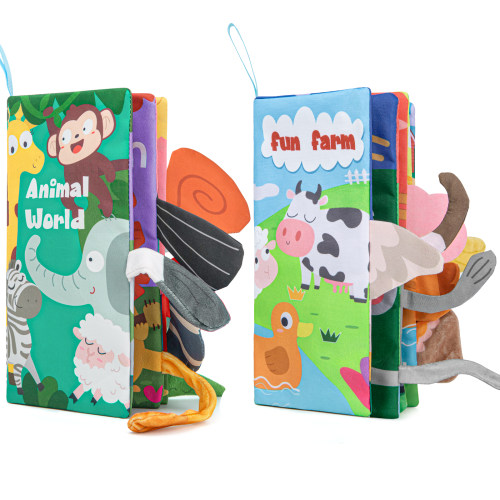 Soft Baby Books 0-6 6-12 Months, 2PCS Crinkle Sensory Cloth Book with Teether, Tummy Time Learning Toy, Infant Newborn Gift for Boys and Girls