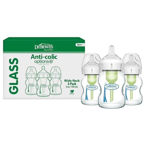 Dr. Brown's Natural Flow Anti-Colic Options+ Wide-Neck Glass Baby Bottles 5 oz/150 mL, with Level 1 Slow Flow Nipple, 3 Pack, 0m+