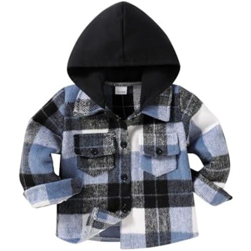 YOUNGER STAR Toddler Kids Boys Girls Flannel Hooded Plaid Shirt Button Baby Red Clothes