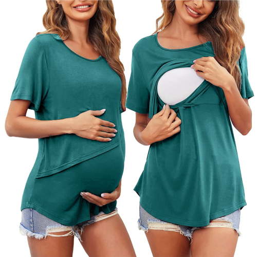 Sodopo Maternity Top Pregnant Womens Nursing Solid Color Round Neck Short Sleeve Round Neck Breastfeeding Blouse