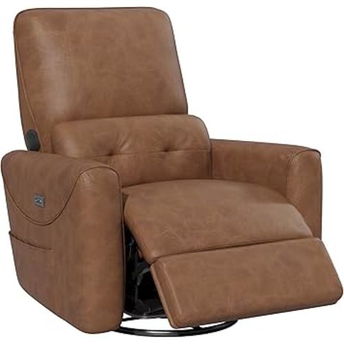 KINGYES Nursery Recliner Rocking Chair, 270° Swivel Glider, with Bluetooth Speaker & USB-C Port, Faux Leather Nursery Rocking Chair, Brown