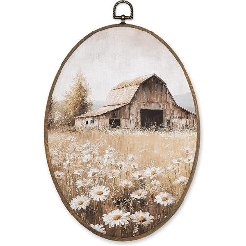 LKETW Farmhouse Country Wildflower Oval Wall Art Decor, Vintage Rustic Nature Daisy Floral Oval Canvas Hanging Decor, Retro Landscape Wall Decorations for Home Bedroom Living Room, 8.6x11.4 Inch