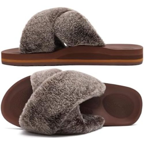 COFACE Womens Fuzzy Slides Fluff Faux Fur Cross Slippers Open Toe Yoga Mat House Slipper Sandals With Arch Support For Indoor/Outdoor