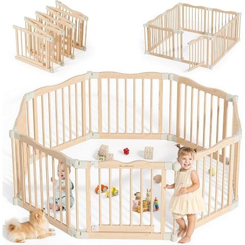 Foldable Wooden Playpen - Adjustable Wood Baby Play Yard with Child-Proof Lock, Indoor Large Safety Fence for Babies and Toddlers - Easy Assembly, 8 Panels, Nature Nest
