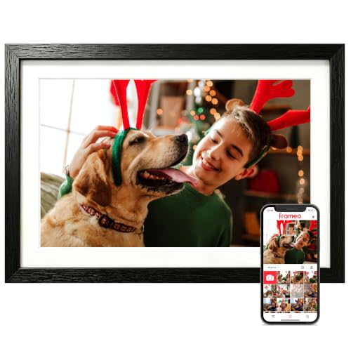 Frameo 10.1'' Digital Picture Frame WiFi, Electronic Photo Frame Slideshow | 32GB, 1280*800 IPS HD Touch Screen, Auto-Rotate, Share Videos Photos via Frameo App, Birthday Gifts for Mom, Women, Woodgrain