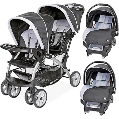 Baby Trend Infant and Toddler Double Stroller & 2 Car Seat Combo, 3 Pc Set, Stormy - Portable and Lightweight Stroller Duo and Car Seat Travel System Tandem