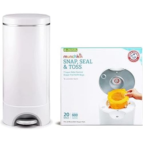 Munchkin® STEP™ Diaper Pail Powered by Arm & Hammer, #1 in Odor Control, Award-Winning, Includes 21 Snap, Seal & Toss™ Bags, 1 Starter Refill Ring, and 1 PUCK™ Baking Soda Cartridge