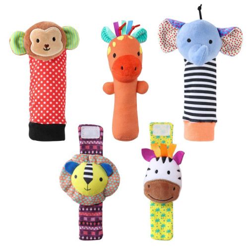 The Peanutshell Safari Baby Rattle Socks and Wrist Rattle Set, 5 Piece