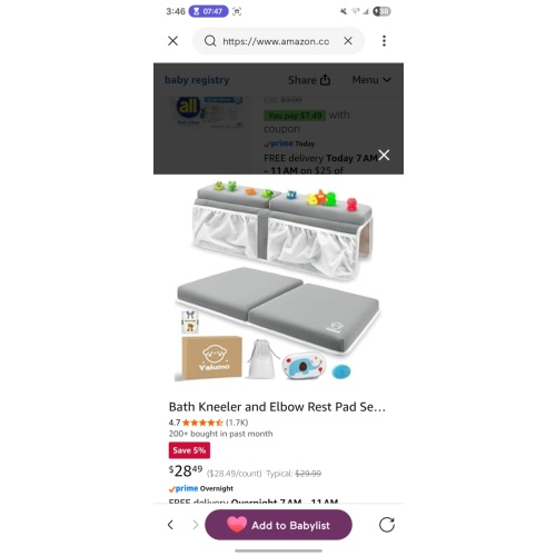 Amazon: Bath Kneeler and Elbow Rest Pad Set for Baby Bathtub