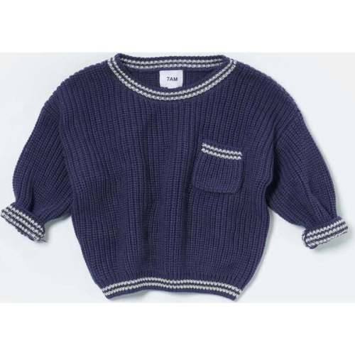 Chunky Tennis Boxy Sweater, Navy Pearl Grey - 7AM Enfant | Maisonette