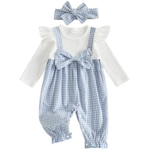 Newborn Infant Baby Girl Fall Outfits Gingham Patchwork Bow Romper Jumpsuit